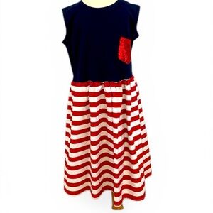 Girls Patriotic Red White Blue Dress Size 9/10 Sparkle Pocket 4th of July